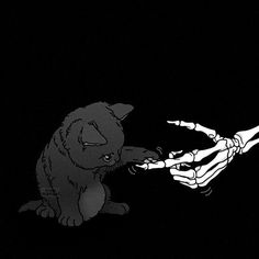 a black and white drawing of a cat reaching out to a skeleton hand