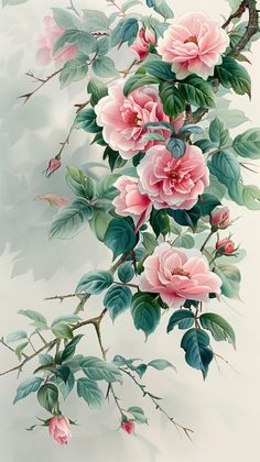 a painting of pink flowers and green leaves