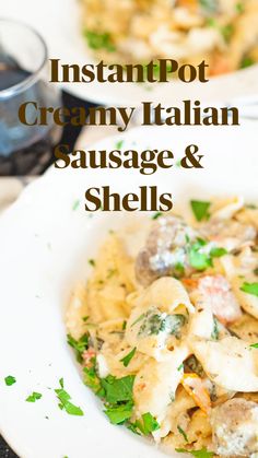 pasta with mushrooms and parsley in a white bowl on top of a black table