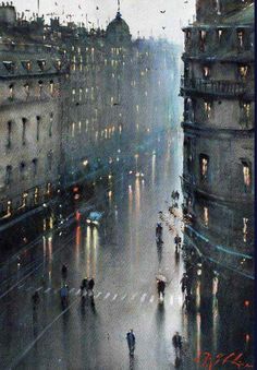 a painting of people walking in the rain at night