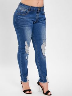 Plus Size Ripped Jeans - Denim Dark Blue - 4E00063414 - Women's Clothing, Plus Size Women's Clothing  #PlusSizeWomensClothing #Women's #Clothing # #Plus #Size #Women's #Clothing Jeans Hem, High Waist Ripped Jeans, Plus Size Ripped Jeans, Diy Ripped Jeans, Fringe Hem Jeans, Jeans Tutorial, Ripped Jeans Women, Raw Jeans, Frayed Hem Jeans