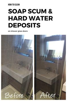 the before and after image shows how to clean soap scum and hard water deposits on shower glass doors