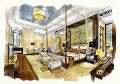 a watercolor drawing of a bedroom with four poster bed, couches and lamps