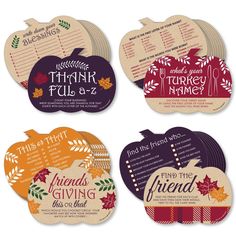 four thanksgiving coasters with the words, thanks and friends in different languages on them