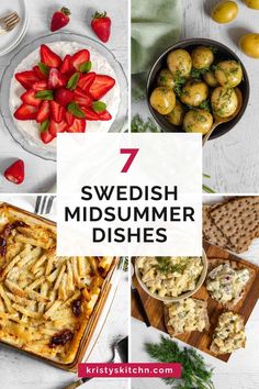 Four photos of Swedish Midsummer dishes including strawberry cake, new potatoes with dill, Swedish herring salad and Jansson's Temptation. Swedish Food Traditional, Hygge Recipes, Midsummer Party, Swedish Midsummer, Summer Solstice Party, Autumn Salad Recipes, Winter Salad Recipes, Swedish Traditions