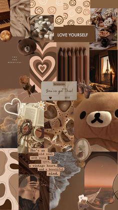 the collage has many different pictures and words on it, including an image of a teddy bear