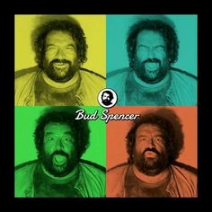 four men with different facial expressions and the words bud spencer on their faces are shown