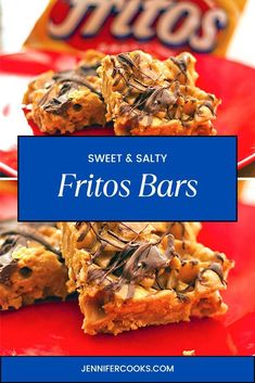 sweet and salty fritos bars on a red plate with a candy bar in the background