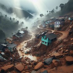 an aerial view of a village surrounded by mud and debris in the mountainside area