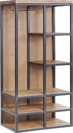 an open bookcase with wooden shelves and metal frame