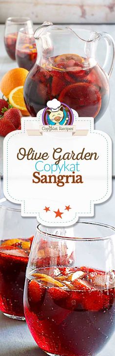 the blue garden gourmet sangria is served in glasses with strawberries and oranges