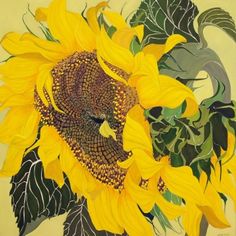 a painting of a sunflower with green leaves