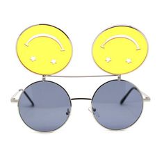 Here is something truly unique and a fun summer sunglasses with super vintage vibe flip up lens with die cut smiley face. Hippie round circle sunglasses with both inner lenses and out lenses tinted with colorful pop colors. They are 100% UV400 polycarbonate lenses. (b957) Size: 5 1/2" (140mm) x 2 1/8" (54mm).  Color: Silver.  Gender: unisex.  Age Group: adult. Spacecore Accessories, Funky Sunglasses Aesthetic, Clown Glasses, Weird Sunglasses, Smiley Face Clothing, Crazy Sunglasses, Hippie Sunglasses, Fun Sunglasses, Fall Sunglasses