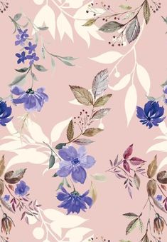 a pink background with blue flowers and leaves