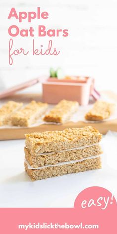 apple oat bars are stacked on top of each other with text overlay that reads,