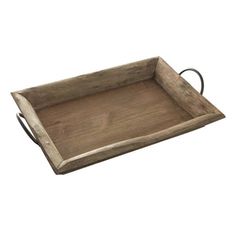 an empty wooden tray with handles on a white background