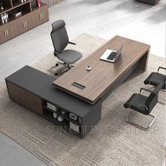 an office desk with two chairs and a laptop on it in the middle of a room