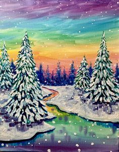 an acrylic painting of snow covered trees and a stream in the foreground