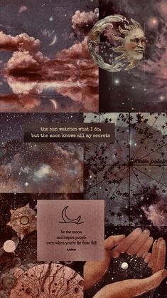 a collage of different images with words and pictures on them, including the moon