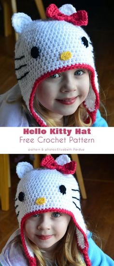 Cute Cat Hat Free Crochet Patterns Hello Kitty Hat, Crochet Baby Hats Free Pattern, Wearable Crochet, Baby Hat Free Pattern, Cat Hats, Crochet Character Hats, Crochet Animal Hats, Hat Inspiration, Crochet Cat Hat