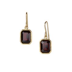 Maria Beaulieu Emerald Cut Garnet Earrings | Quadrum Gallery Yellow Gold Earrings, Garnet Earrings, Rock Collection, Aqua Marine, Yellow Gold Earring, Bezel Setting, Emerald Cut, Ear Wires, Garnet