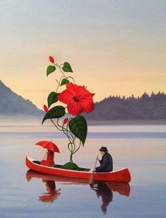 a painting of two people in a boat with an umbrella and flowers on the water