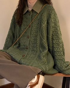 80's Grandma Collar Cardigan | Aesthetic Clothes – Boogzel Clothing Cute Green Sweater, Green Sweater Aesthetic, How To Style A Sweater Dress, Green Aesthetic Fashion, Green And Brown Outfit, Green Knitted Sweater, Green Sweaters, Autumn Cardigan, Green Clothes