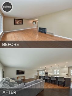 before and after pictures of a living room with hard wood flooring in the middle