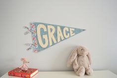 a stuffed animal sitting next to a book on a shelf with a sign above it