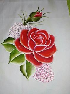 a painting of a red rose with green leaves and white flowers on a table cloth