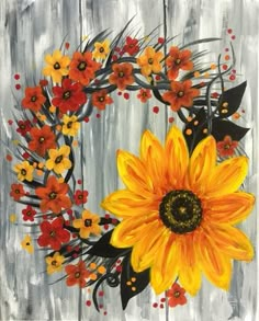 an acrylic painting of a sunflower with red and yellow flowers on it