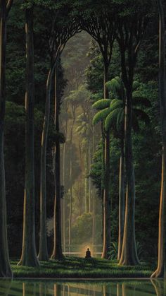 a painting of trees and water in the middle of a forest filled with green plants