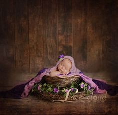 a baby is sleeping in a basket with purple flowers on the bottom and green leaves around it