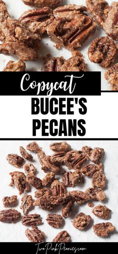 Text that says Copycat Bucee's Pecans above and below are images of candied pecans on a white background. Cinnamon Sugar Pecans, Buc Ee's, Glazed Pecans, Sugared Pecans, Cinnamon Pecans, Cinnamon Nuts, Copycat Starbucks Recipes, Roasted Pecans