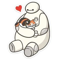 a sticker with an image of a cat hugging a robot