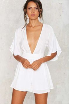 Manuela Plunging Romper - White - Rompers + Jumpsuits White Romper Outfit, Jumpsuits Summer, Black Lace Romper, White Clothes, Shop Clothes, Jumpsuits And Romper, White Romper, Romper Outfit, Looks Style