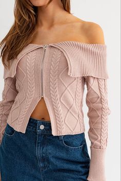 cable knit sweater top, off the shoulder sweater, knit sweater, cropped sweater, fall sweater, fall fashion, fall outfit inspo, outfit inspo 2023, fall outfit, winter fashion, winter outfits, winter sweater, ootd, ootn, travel outfit, rose sweater, going out outfit, everyday outfit, date night outfit, online shopping, Christmas outfit, clothing brand, online clothing store, concert fashion, aesthetic fashion, holiday fashion, front zipper sweater, trendy fashion, sweater outfit inspo, sweater Blush Sweater, Dusty Blush, Everyday Sweater, Zipper Sweater, Sweater Cropped, Rose Sweater, Sweater Outfit, Zippered Sweater, Fall Sweater