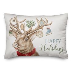 a white pillow with an image of a reindeer wearing a red bow tie and happy holidays written on it