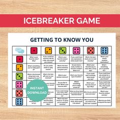 an icebreaker game with the words, getting to know you instant download on it