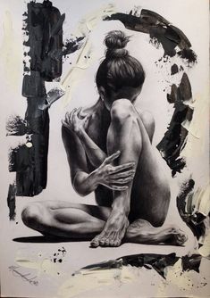 a black and white drawing of a naked woman sitting in front of an abstract background