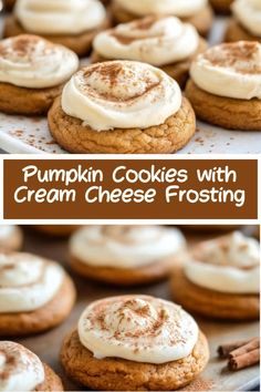 pumpkin cookies with cream cheese frosting are on a baking sheet and in the foreground is an image of cinnamon rolls