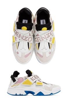 Kenzo White & Pink Sonic Velcro Sneakers. Low-top grained leather and suede sneakers in white. Cut-out mesh detailing in pink throughout. Rubberized trim in white at round toe. Logo Velcro straps at vamp. Pink Sonic, Suede Sneakers