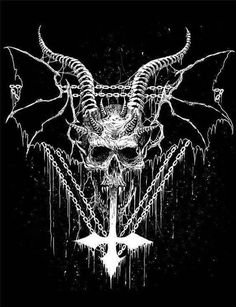 a black and white image of a demon skull