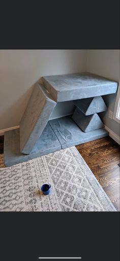 a cat bed that is on top of a rug in the middle of a room