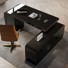 an office desk with a chair and computer on it in a living room or dining area