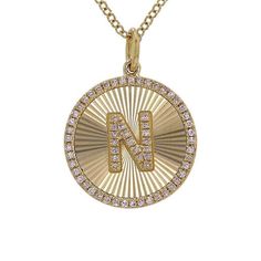 This 14K gold necklace features a radiating finish coin with a diamond set initial that catches the light with every turn. Add an elegant touch to any outfit with this exquisite piece. Item Information Metal: 14k Gold Dimensions: Bail: 5mm Pendant: 15mm Length: 16"+1"+1" Diamond Information Carat Weight: 0.12-0.14 Gold Diamond Initial Pendant Necklace, Gold Elegant Initial Necklace With Coin Pendant, Elegant Gold Initial Necklace With Coin Pendant, Elegant Gold Coin Pendant Initial Necklace, Luxury Yellow Gold Monogram Initial Necklace, Yellow Gold Diamond Initial Pendant Necklace, Gold Diamond Initial Pendant Necklace With 17 Jewels, Round Diamond Initial Necklaces, Gold Pendant Initial Necklace With Diamond Accents