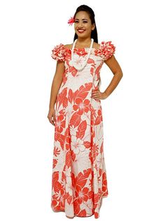 [2009C] Lanai Coral Cotton Frill Puff Sleeve Long Dress Tahitian Dress, Puff Sleeve Long Dress, Hawaiian Wedding Dress, Hula Dress, Dress Hawaiian Style, Birthday Luau, Luau Outfits, Luau Dress, Island Dresses