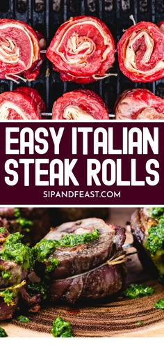 grilled steaks with pesto on them and the title overlay reads easy italian steak rolls