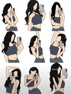 a woman taking a selfie with her cell phone in various poses and expressions,