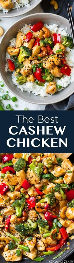 the best cashew chicken is served over rice and broccoli with red peppers